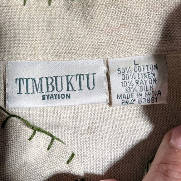 Vtg 1990s Timbuktu Station Ivory Beige Patchwork Button Up Collarless Jacket L - Picture 3 of 3